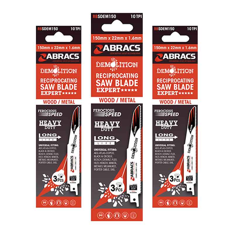 Abracs Demolition Wood/Metal Reciprocating Saw Blades 150 mm x 22mm x 1.6 mm pk3 
